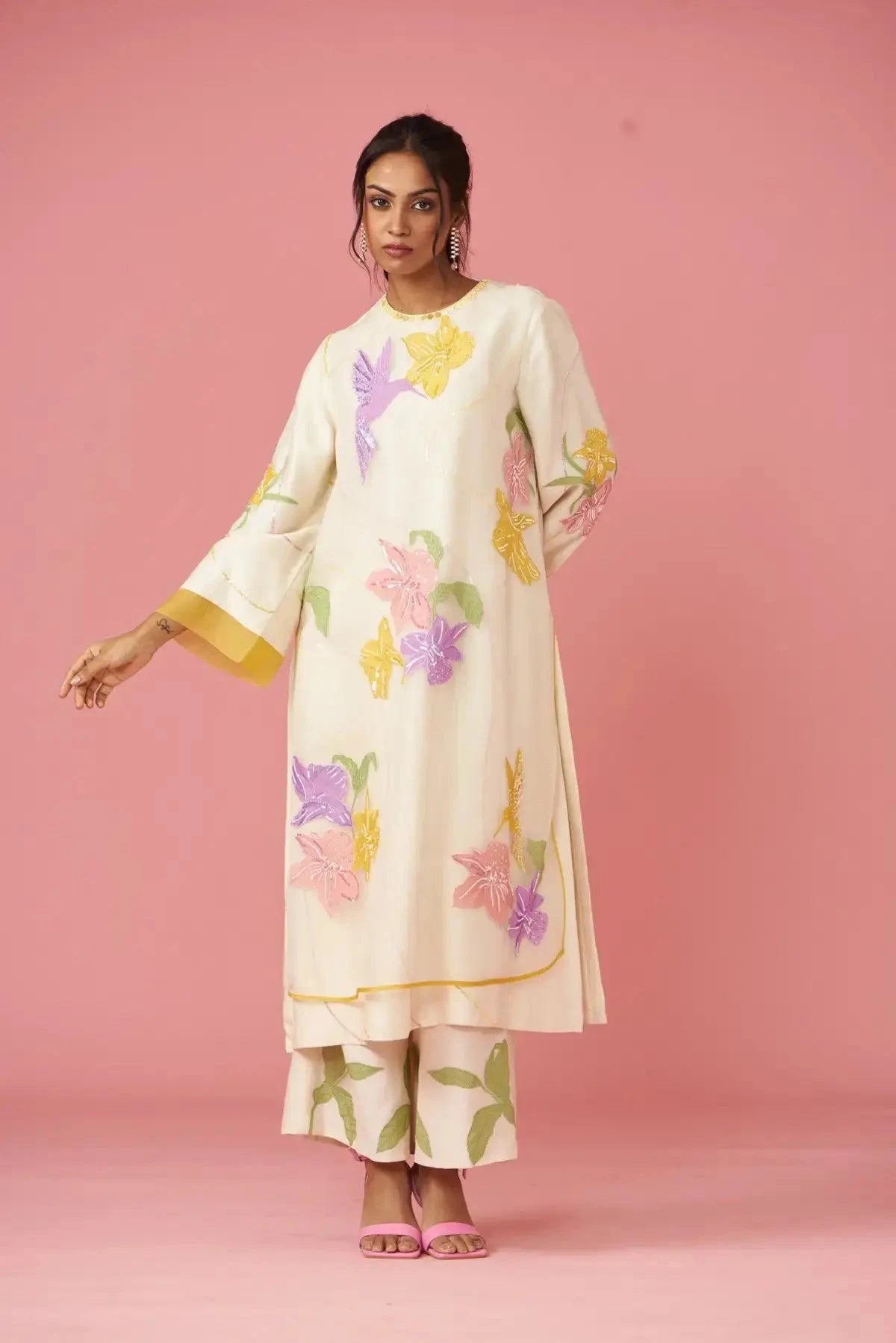 Colorful Ivory floral applique work and hand embroidered layered suit set - Pallodstore