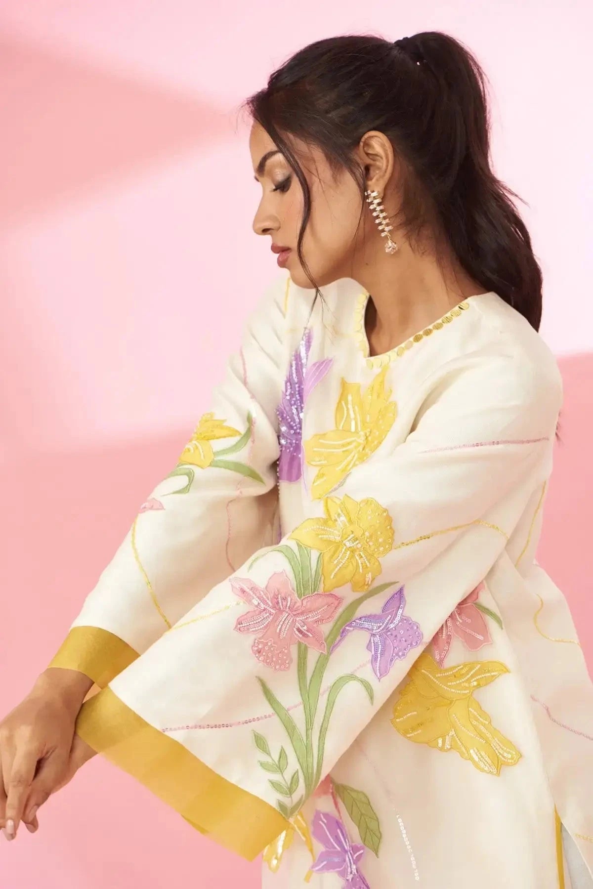 Colorful Ivory floral applique work and hand embroidered layered suit set - Pallodstore