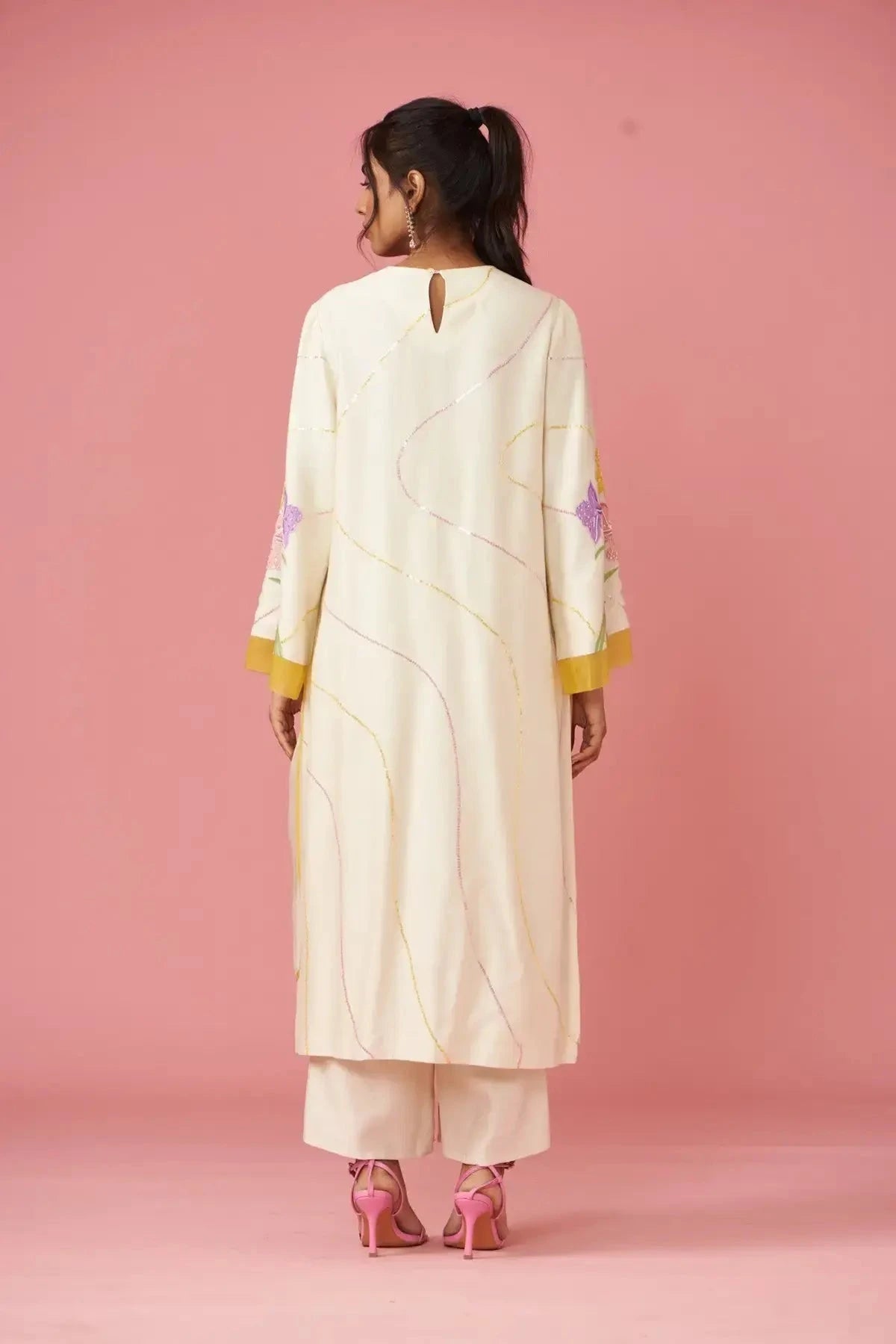 Colorful Ivory floral applique work and hand embroidered layered suit set - Pallodstore
