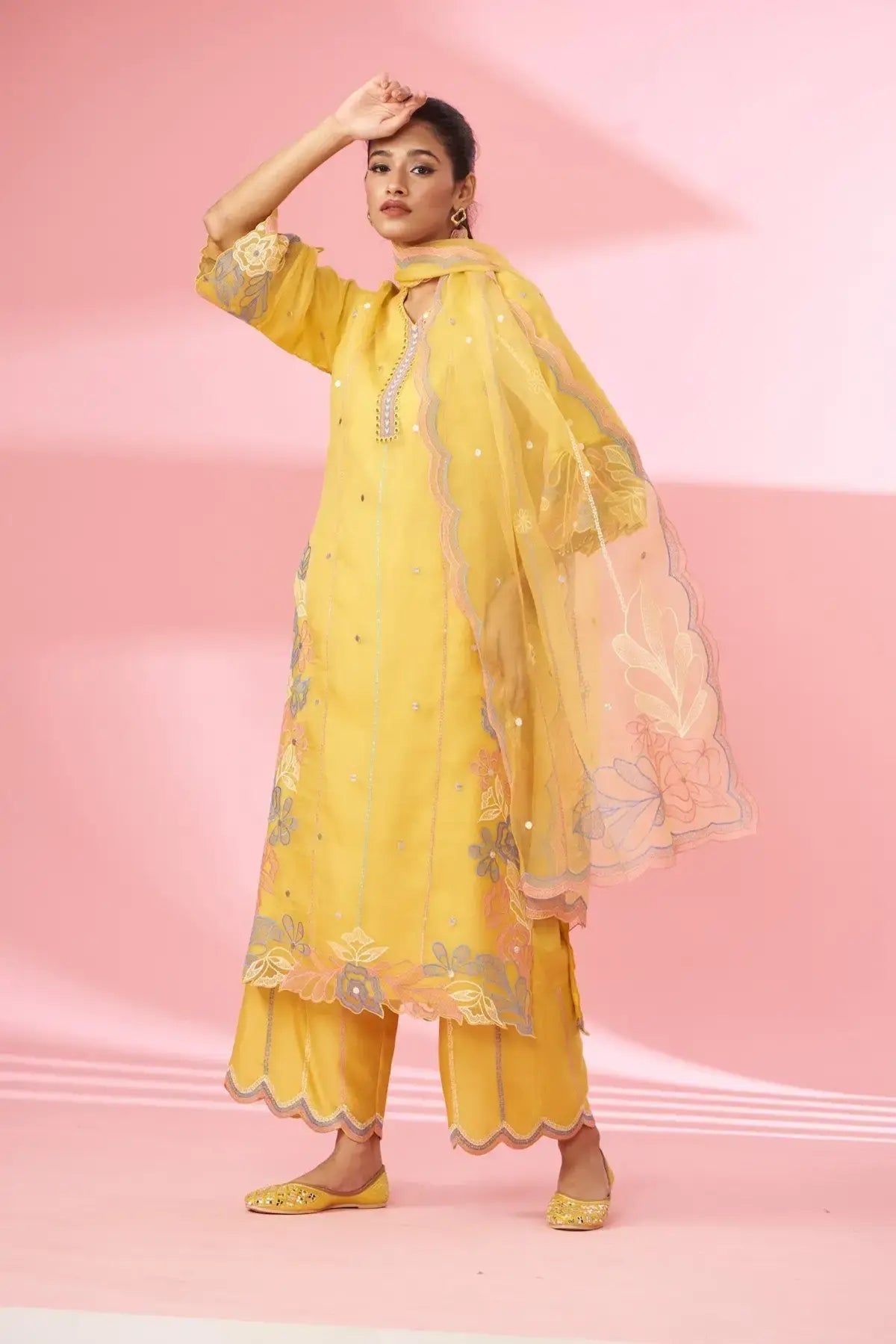 Mustard cutwork & hand embroidered silk organza suit set