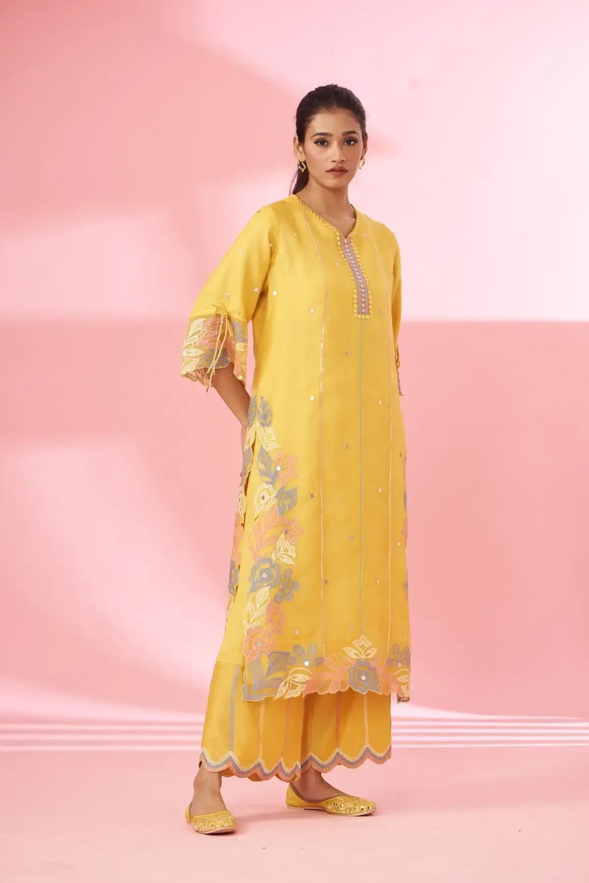 Mustard cutwork & hand embroidered silk organza suit set