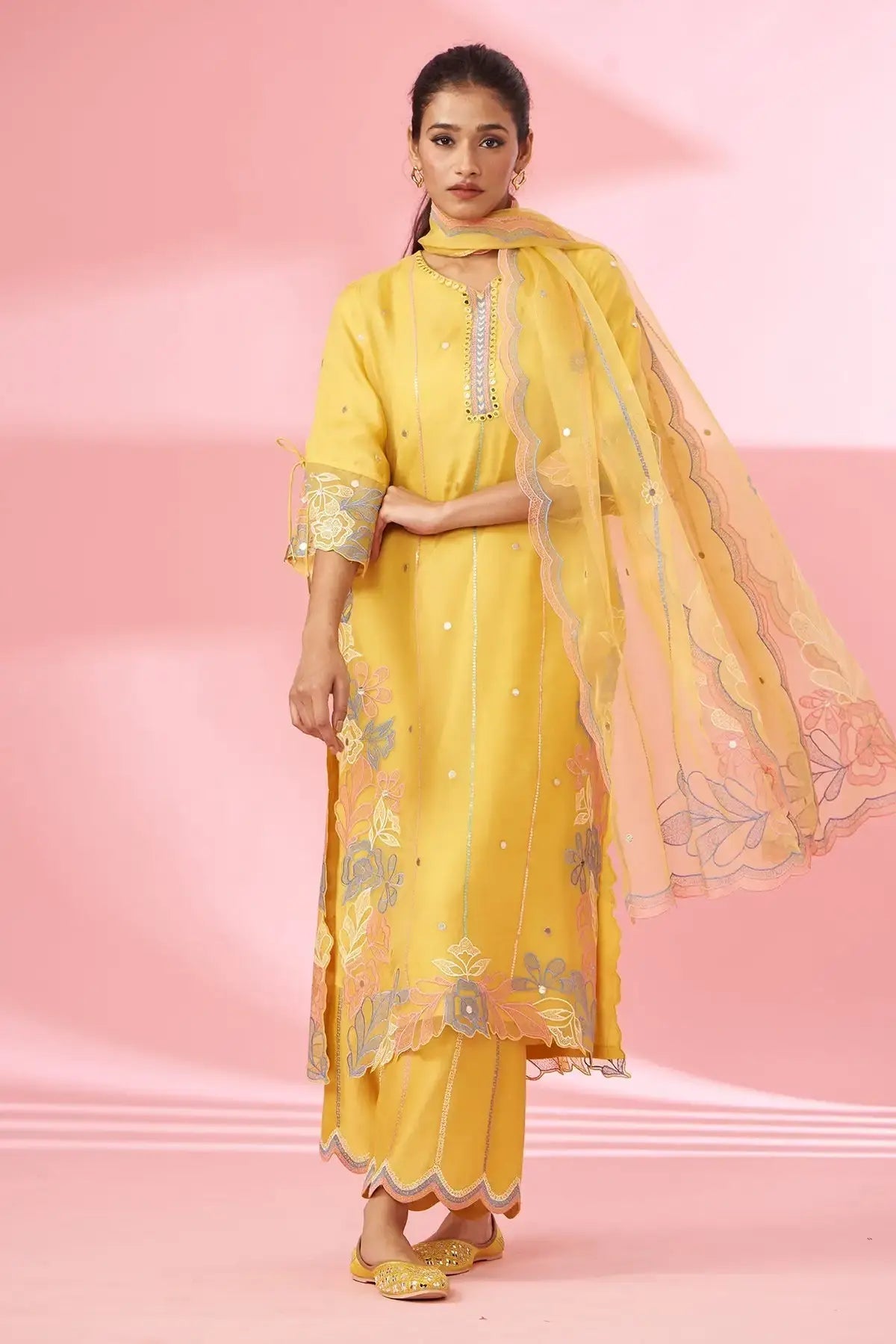 Mustard cutwork & hand embroidered silk organza suit set