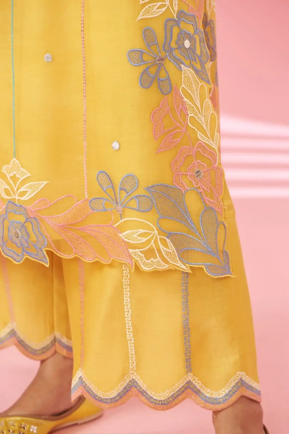Mustard cutwork & hand embroidered silk organza suit set