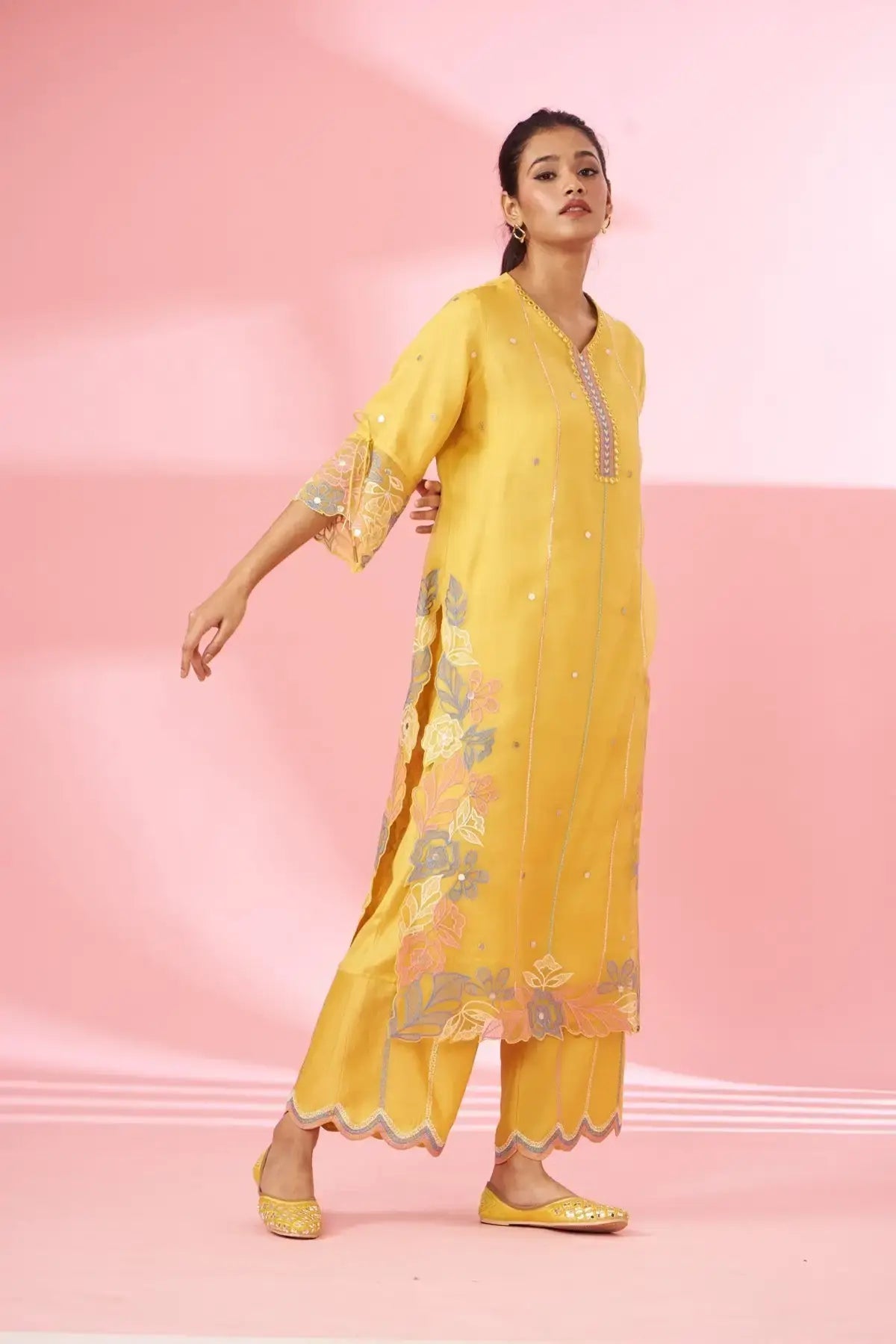 Mustard cutwork & hand embroidered silk organza suit set