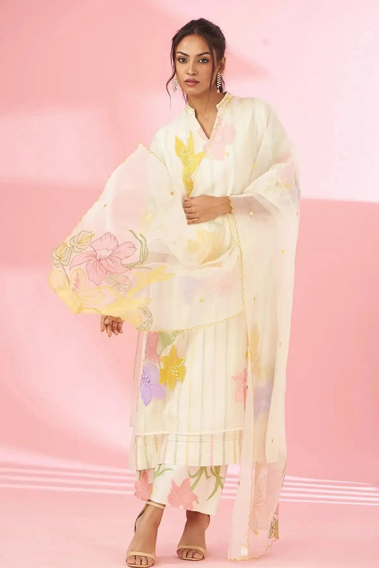 Colorful floral applique work and hand embroidered layered suit set - Pallodstore