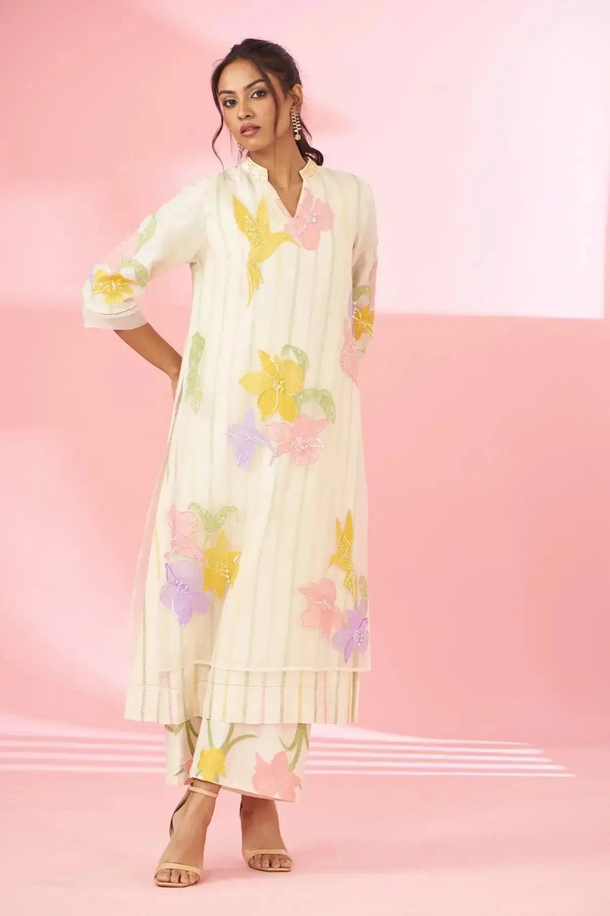 Colorful floral applique work and hand embroidered layered suit set - Pallodstore