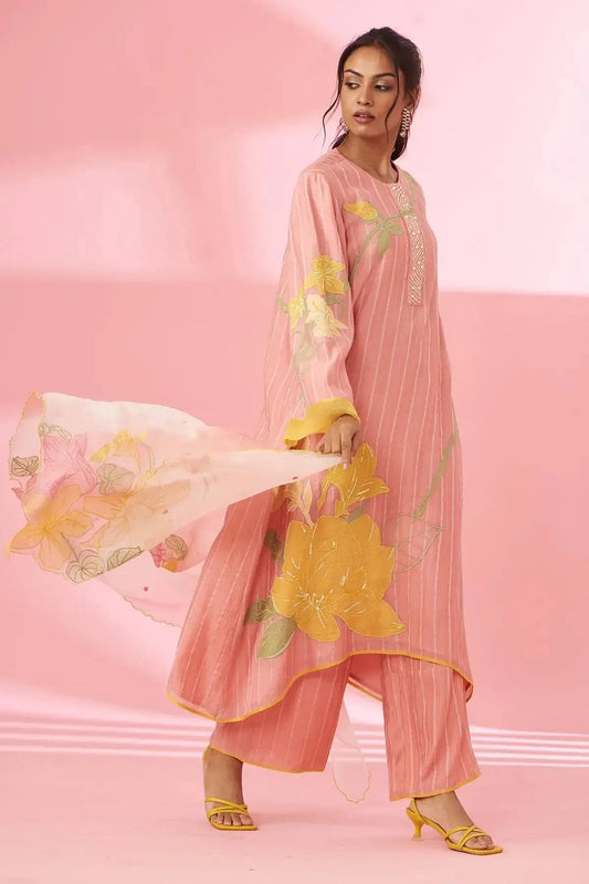 Colorful floral applique work and hand embroidered suit set - Pallodstore