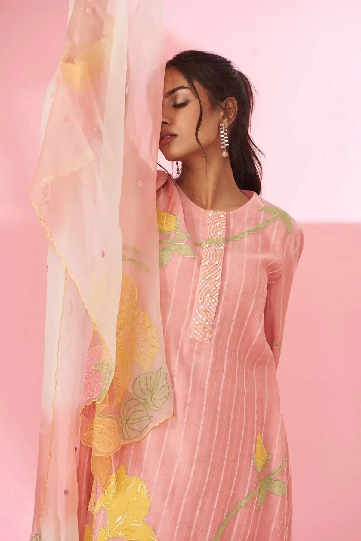 Colorful floral applique work and hand embroidered suit set - Pallodstore