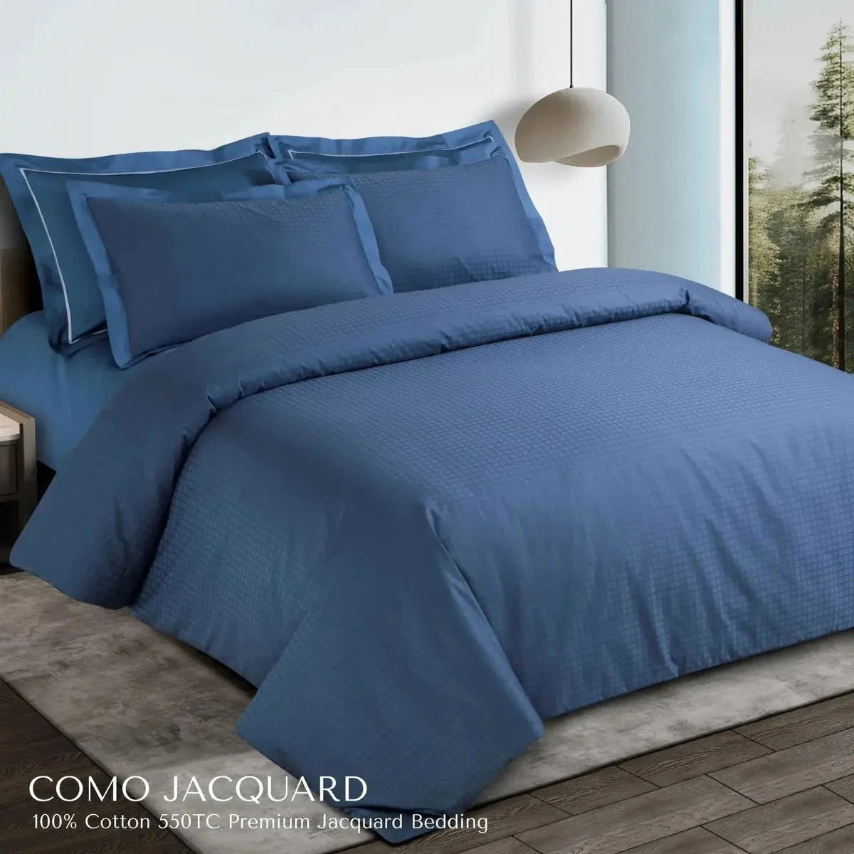 Como Premium Jacquard Checkered Majolica Blue Color King Size Bedsheet Set - Pallodstore