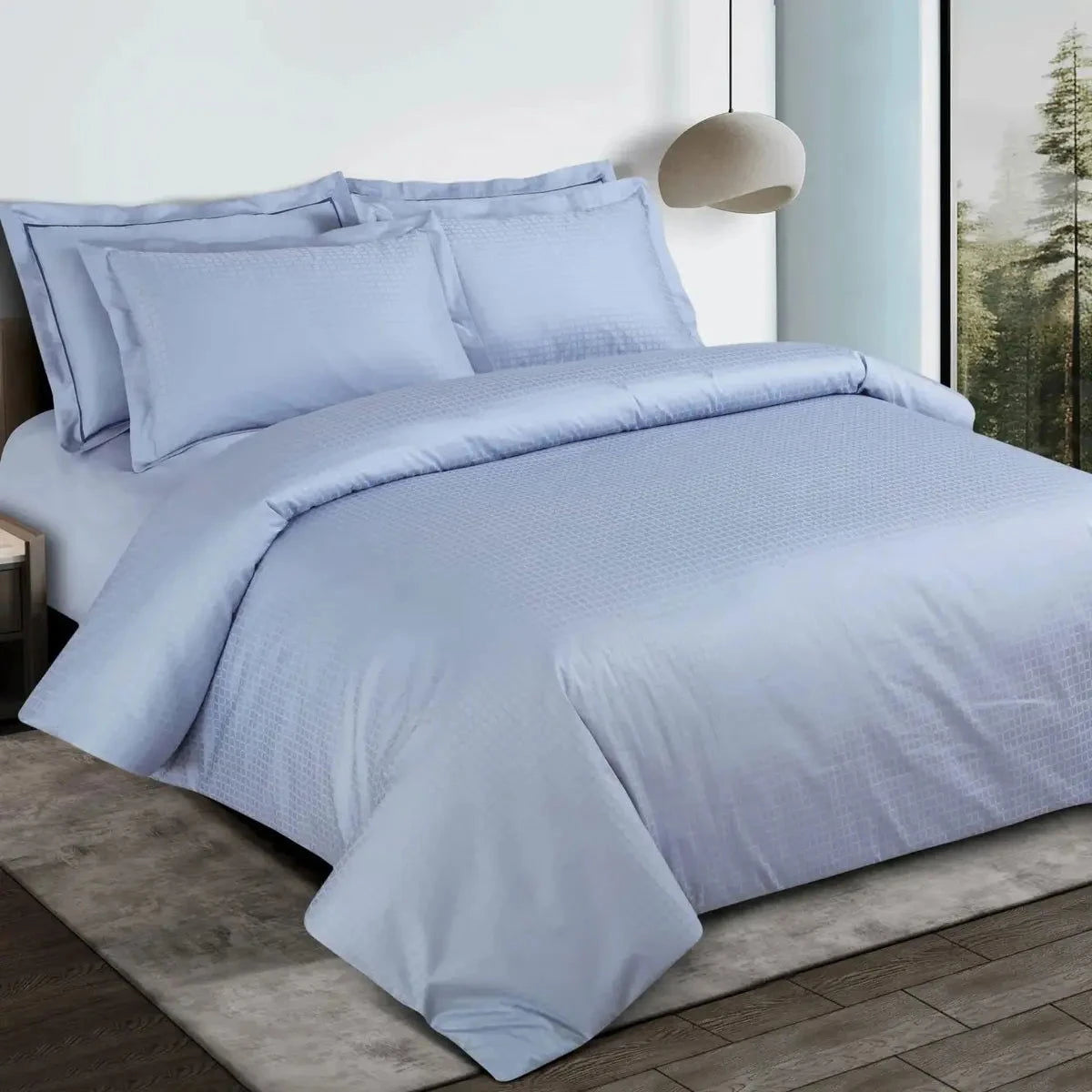 Como Premium Jacquard Checkered Pigeon Blue Color King Size Bedsheet Set - Pallodstore