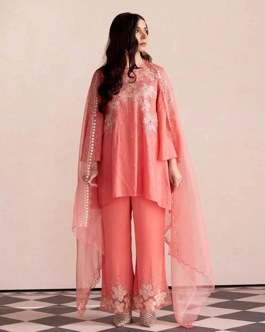 Coral Embroidered Tunic Set - Pallodstore
