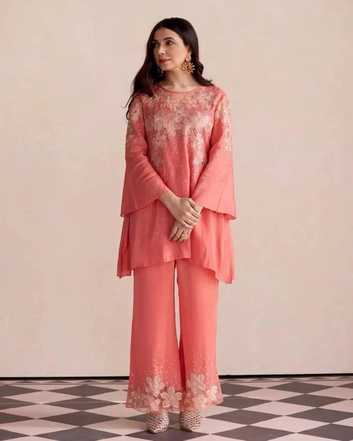 Coral Embroidered Tunic Set - Pallodstore