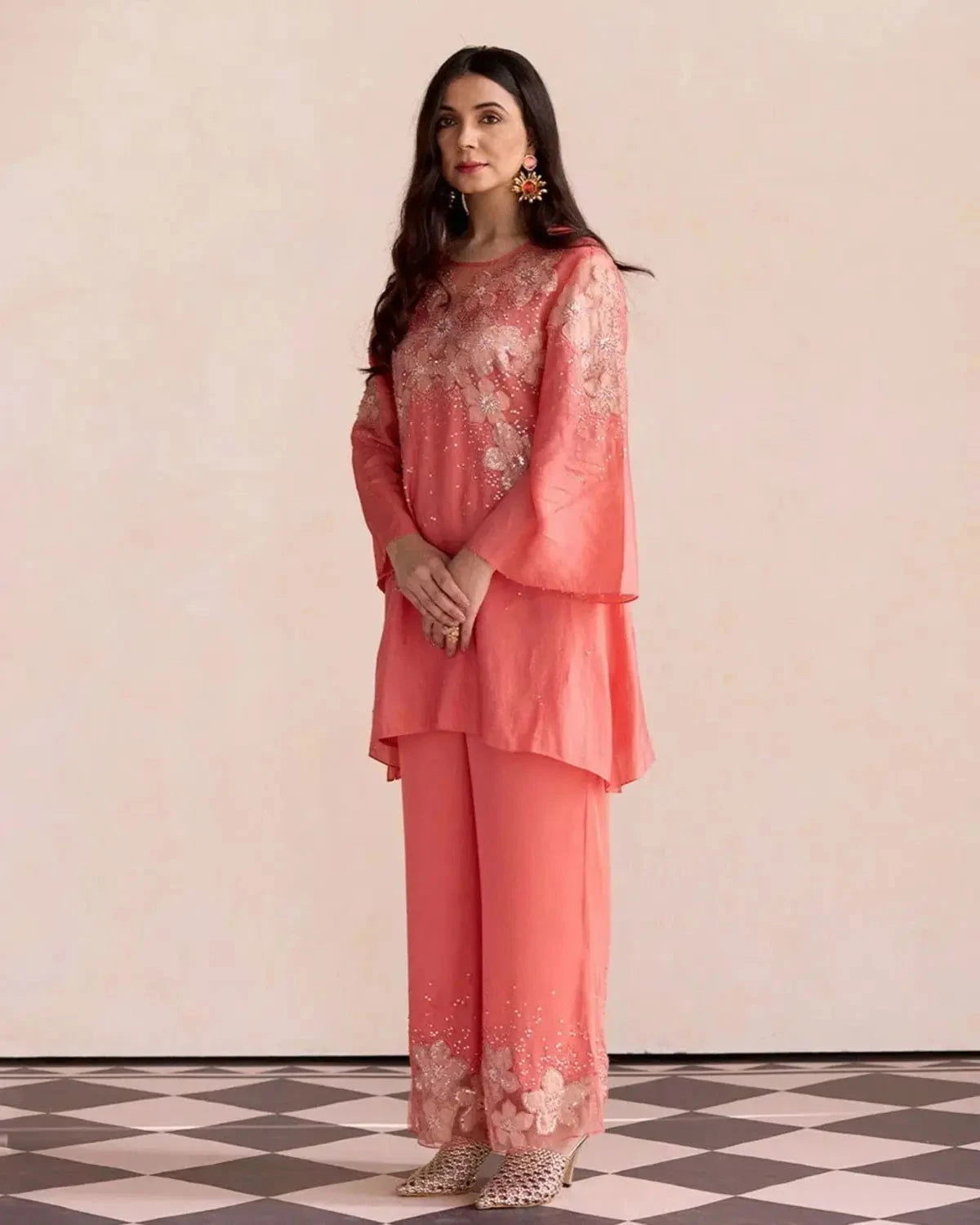 Coral Embroidered Tunic Set - Pallodstore