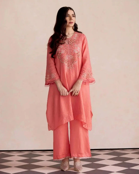 Coral Kurta Set In Silk - Pallodstore