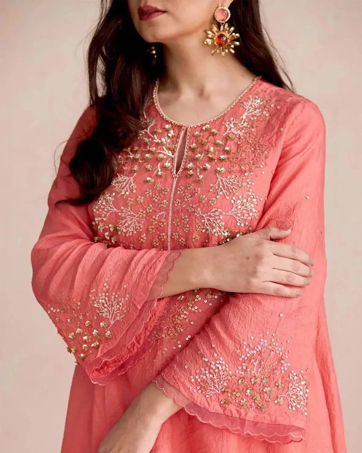 Coral Kurta Set In Silk - Pallodstore