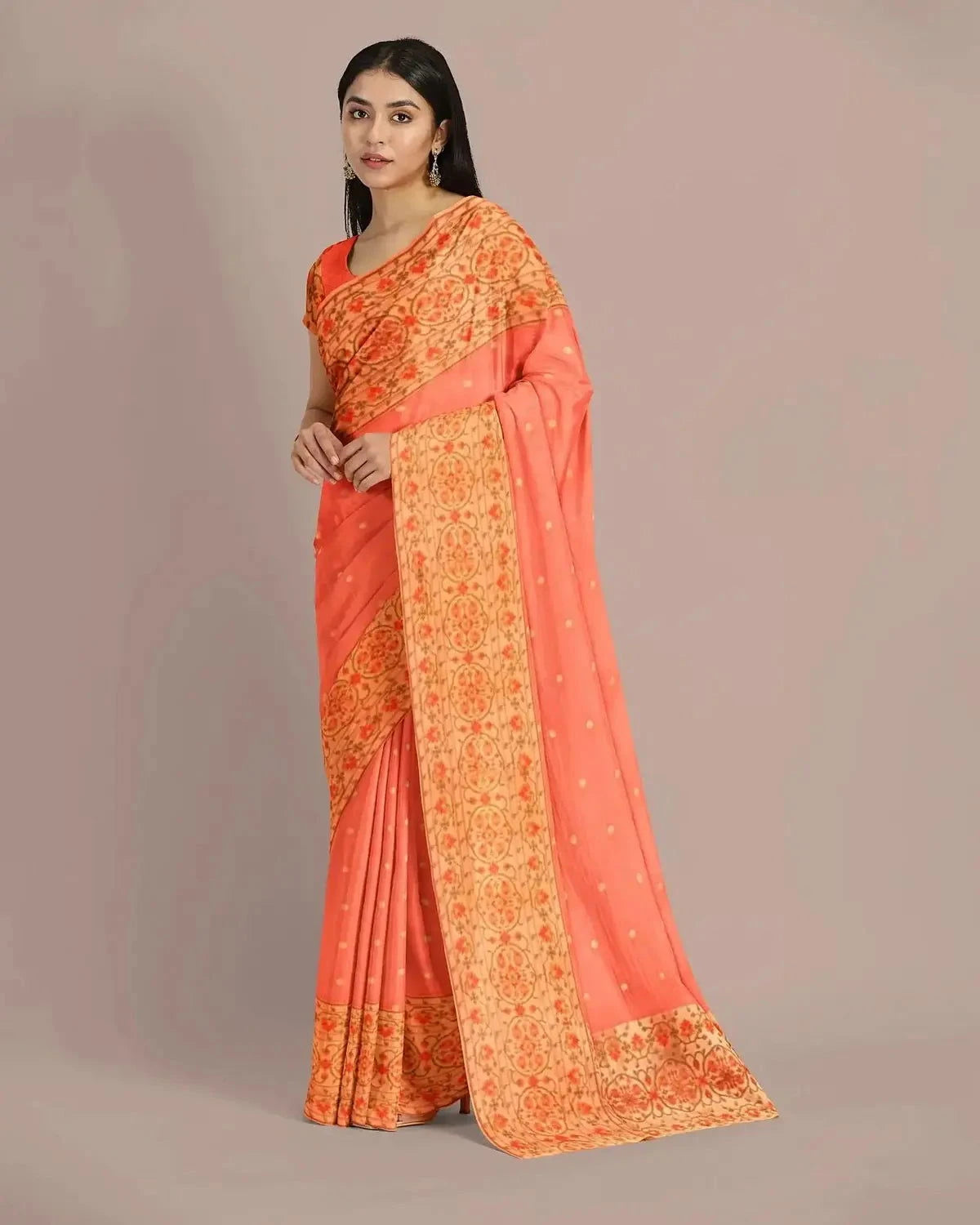 Coral Peach Banarasi Kora Saree - Pallodstore