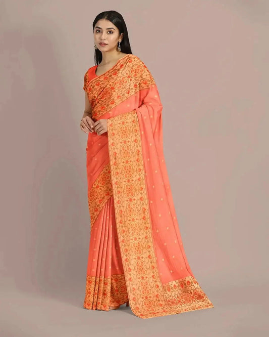 Coral Peach Banarasi Kora Saree - Pallodstore