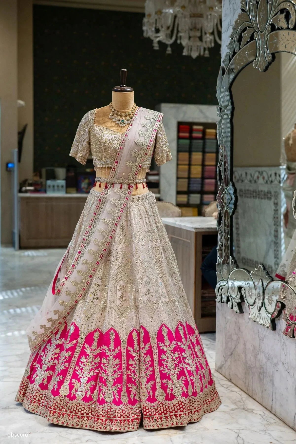 Cream And Pink Organza Lehenga - Pallodstore