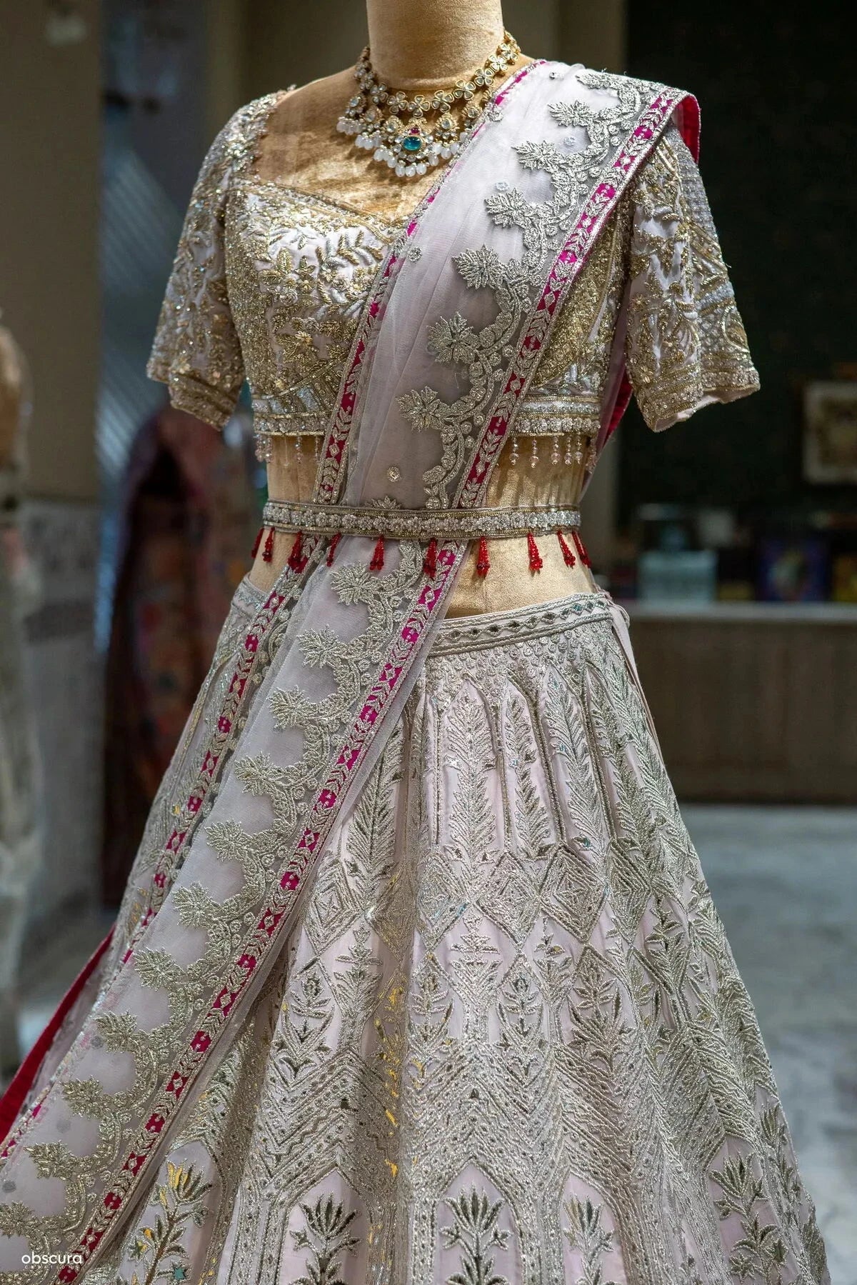 Cream And Pink Organza Lehenga - Pallodstore