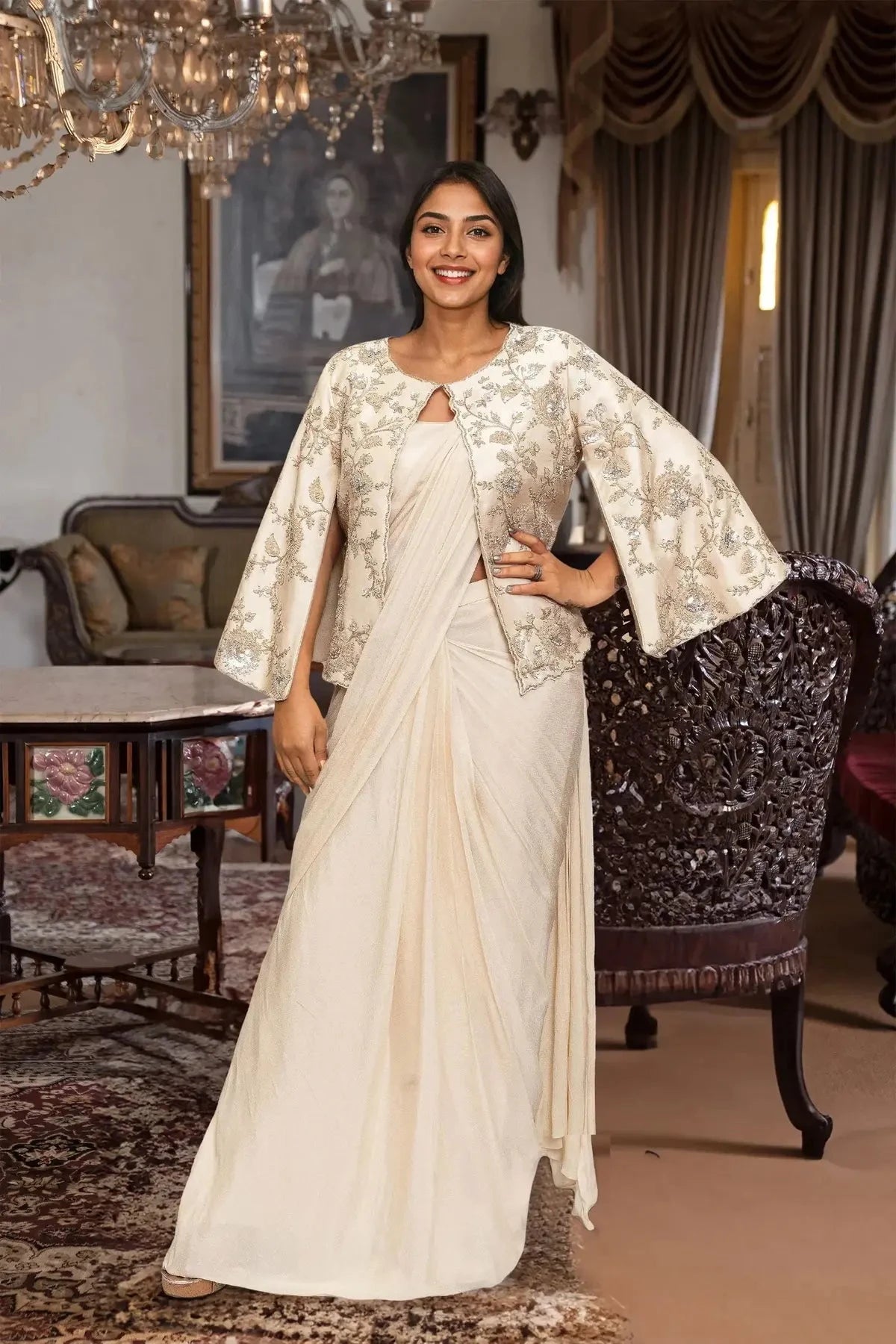 Cream Crepe Embroidered Jacket  Pre-Drape Saree - Pallodstore
