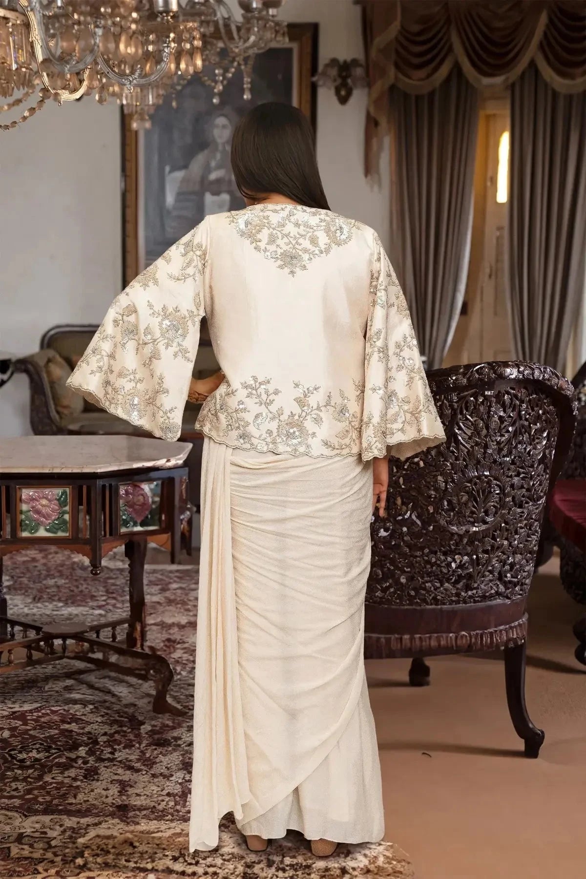 Cream Crepe Embroidered Jacket  Pre-Drape Saree - Pallodstore