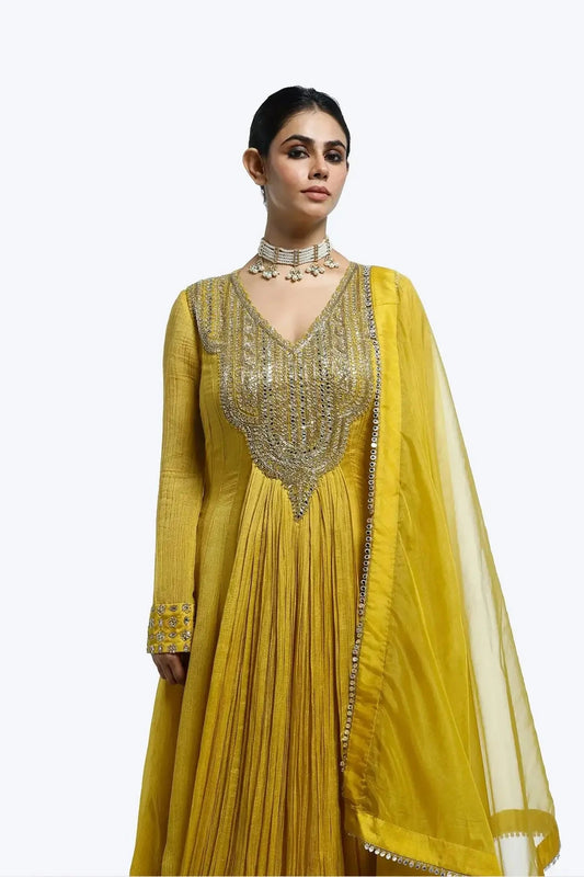 Crush Fabric V-Neck Mustard Color Suit Set - Pallodstore