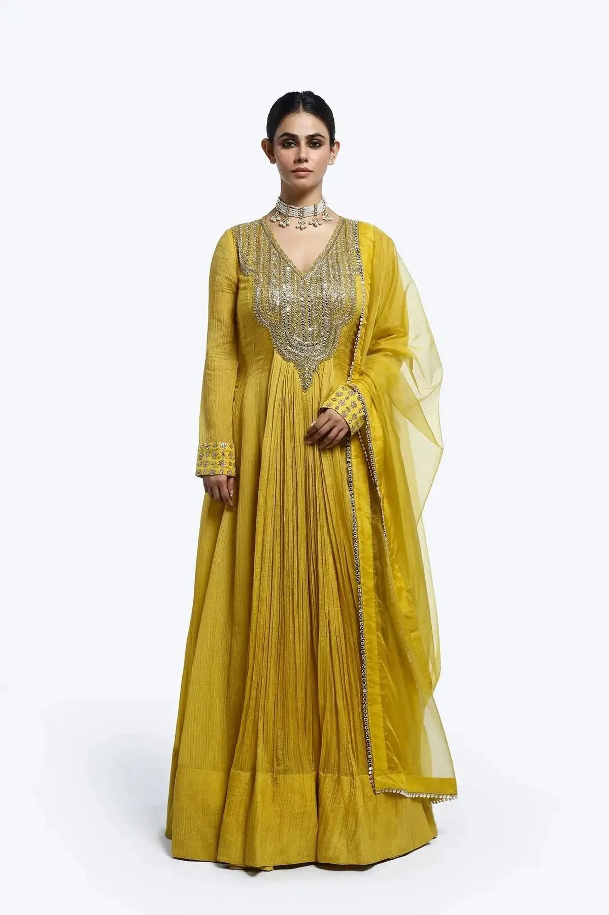 Crush Fabric V-Neck Mustard Color Suit Set - Pallodstore