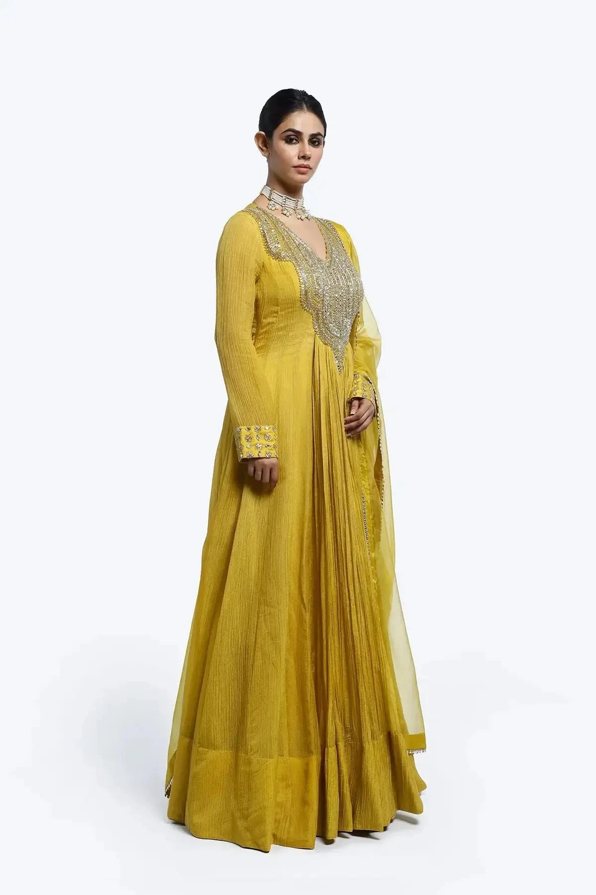 Crush Fabric V-Neck Mustard Color Suit Set - Pallodstore