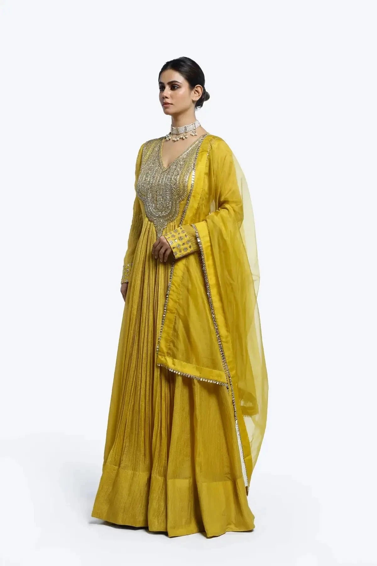 Crush Fabric V-Neck Mustard Color Suit Set - Pallodstore