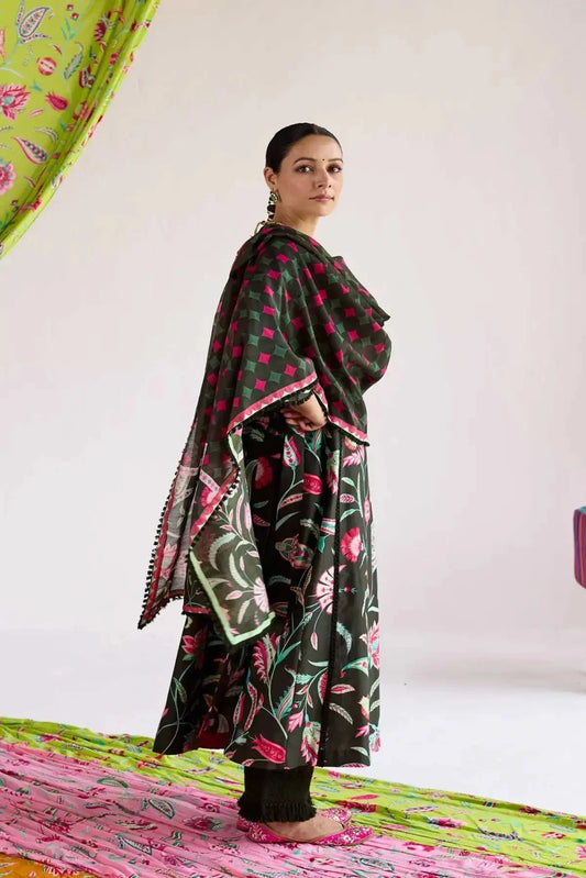 Dark Green Chanderi Loose Fit Kurta With Pants And Dupatta - Pallodstore
