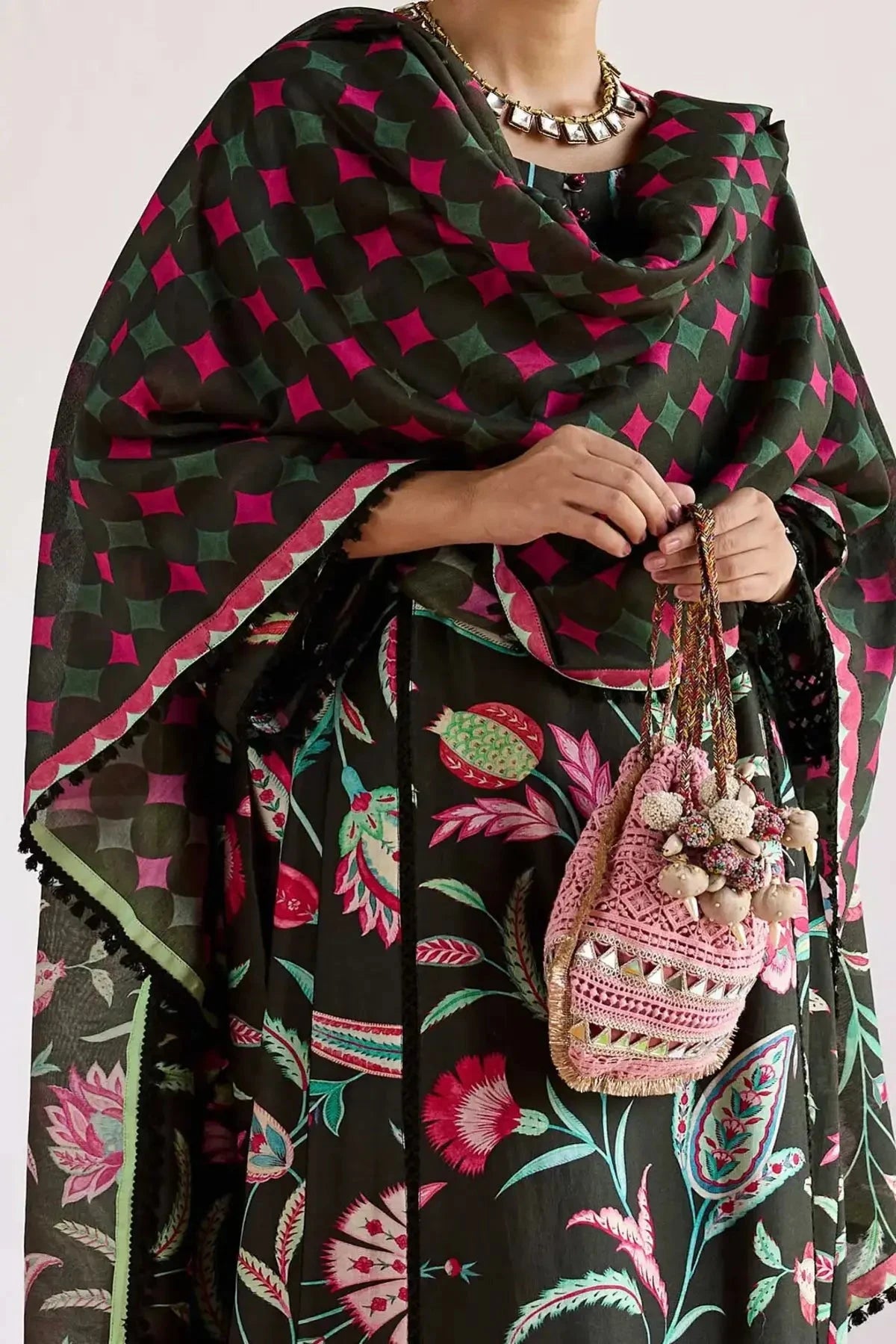 Dark Green Chanderi Loose Fit Kurta With Pants And Dupatta - Pallodstore