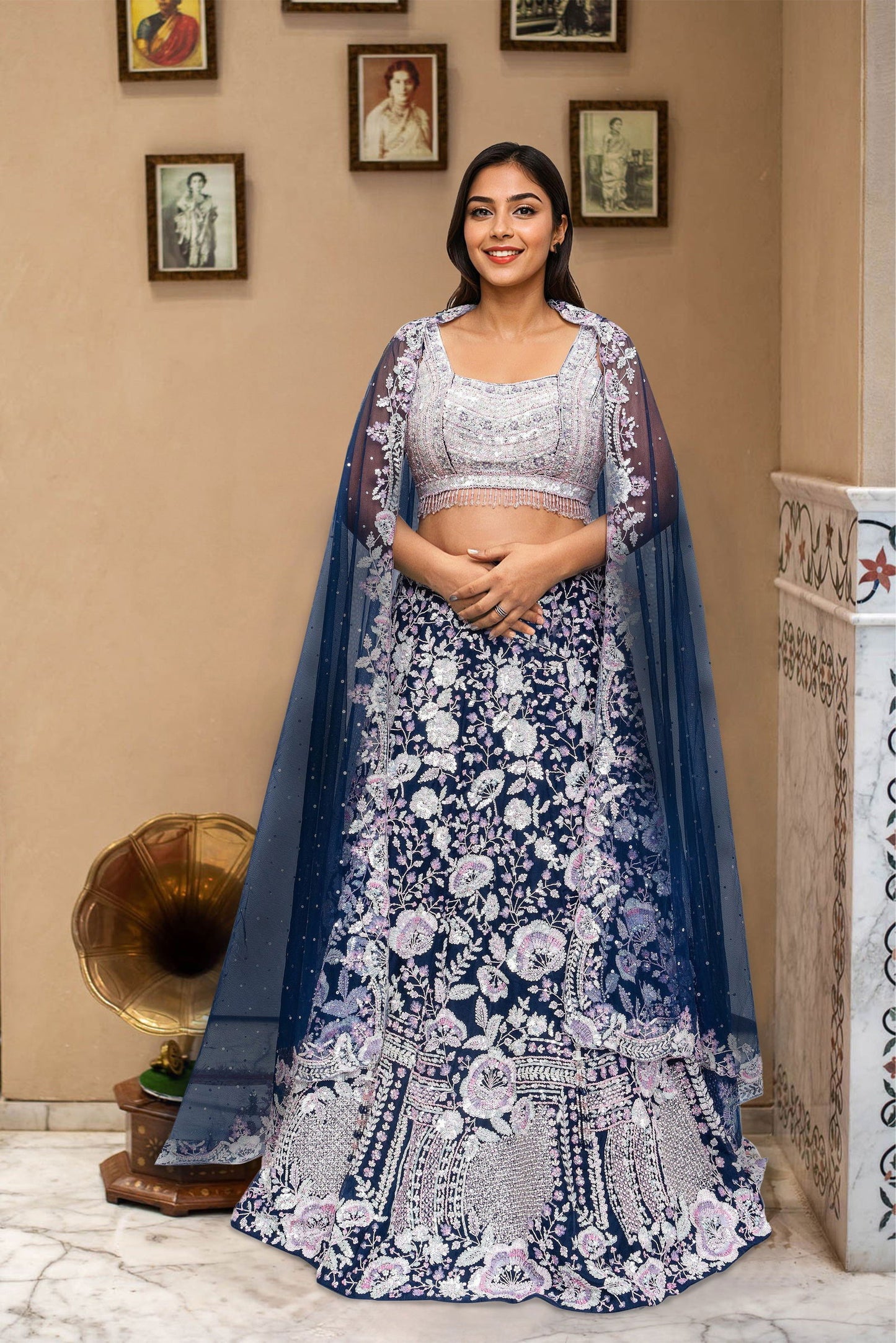 Dark Navy Blue Sequins Embroidered Lehenga - Pallodstore