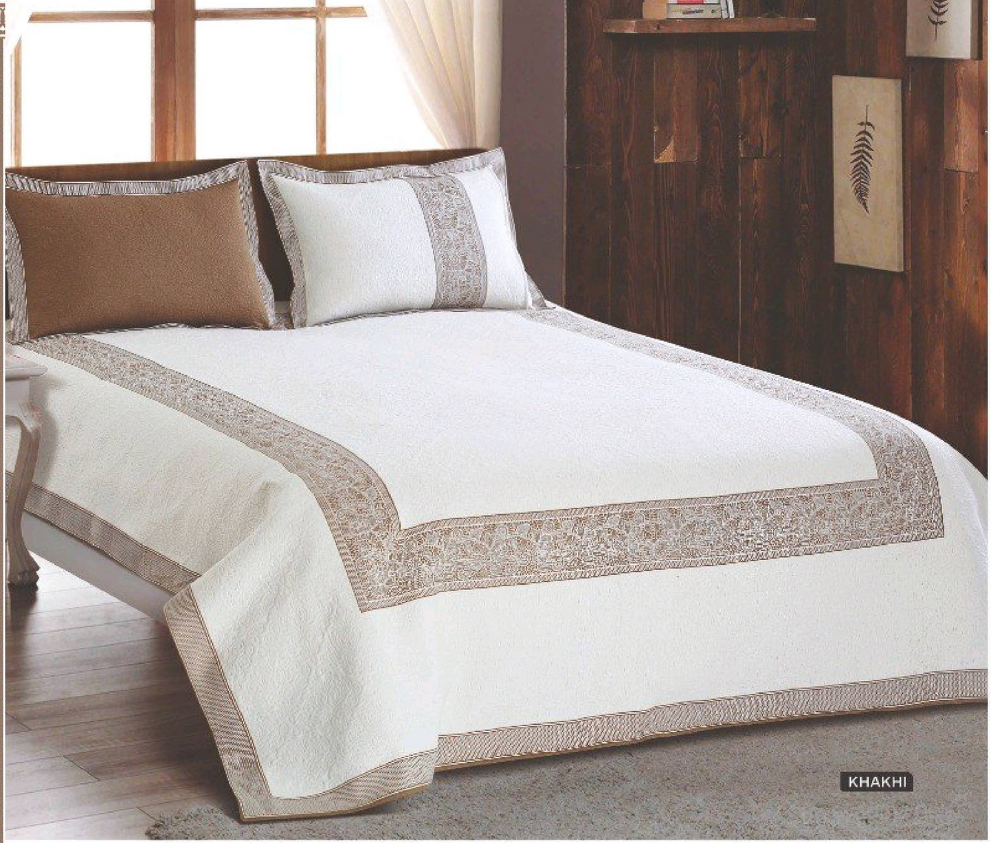 Dentell Poly-Cotton 3Pcs Bed Cover Cum Comforter Set, Khaki Color - Pallodstore