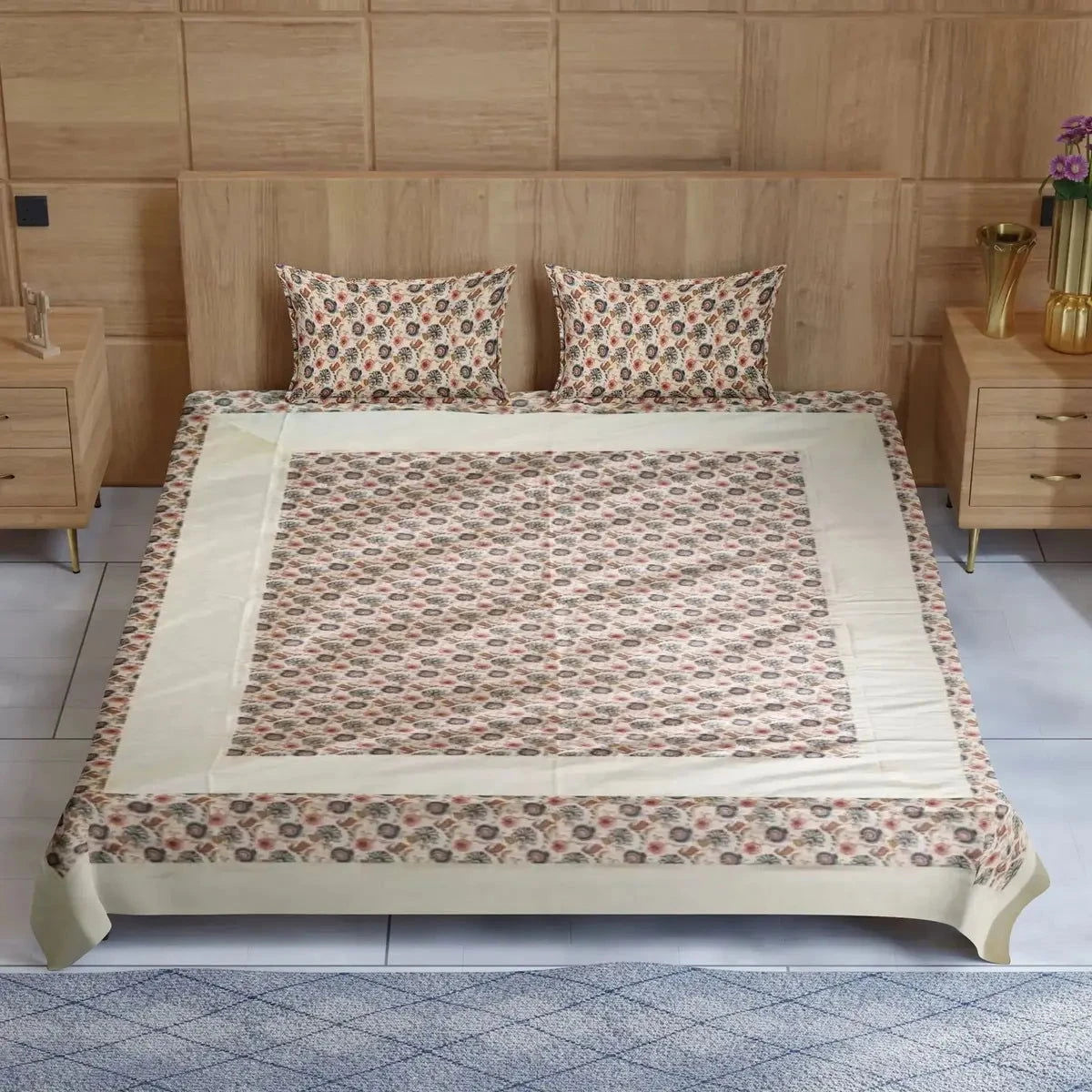 Divine Handblock Printed Glace Cotton Multicolor Double Bedsheet - Pallodstore