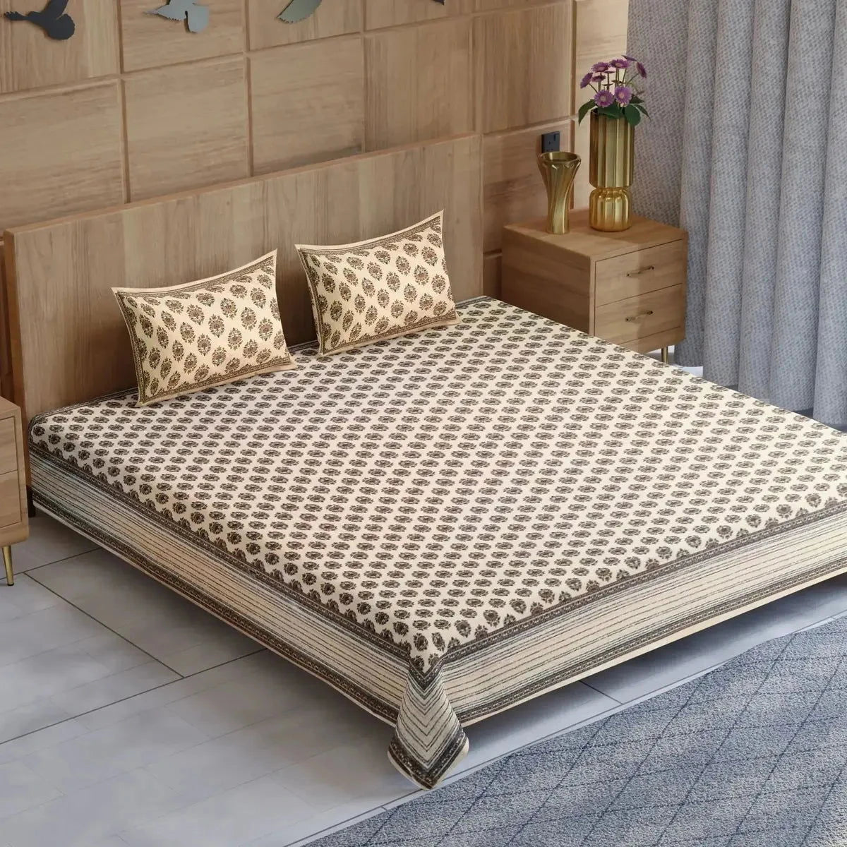 Divine Handblock Printed Grey Color Double Bedsheets - Pallodstore