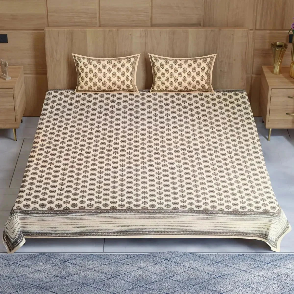 Divine Handblock Printed Grey Color Double Bedsheets - Pallodstore