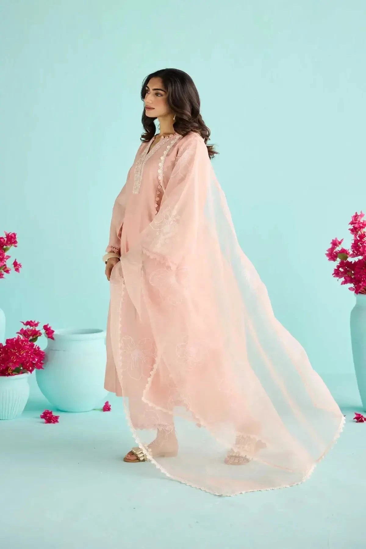 Dusky Peach Chanderi Hand Embroidered Kurta With Pants And Block Printed Dupatta - Pallodstore