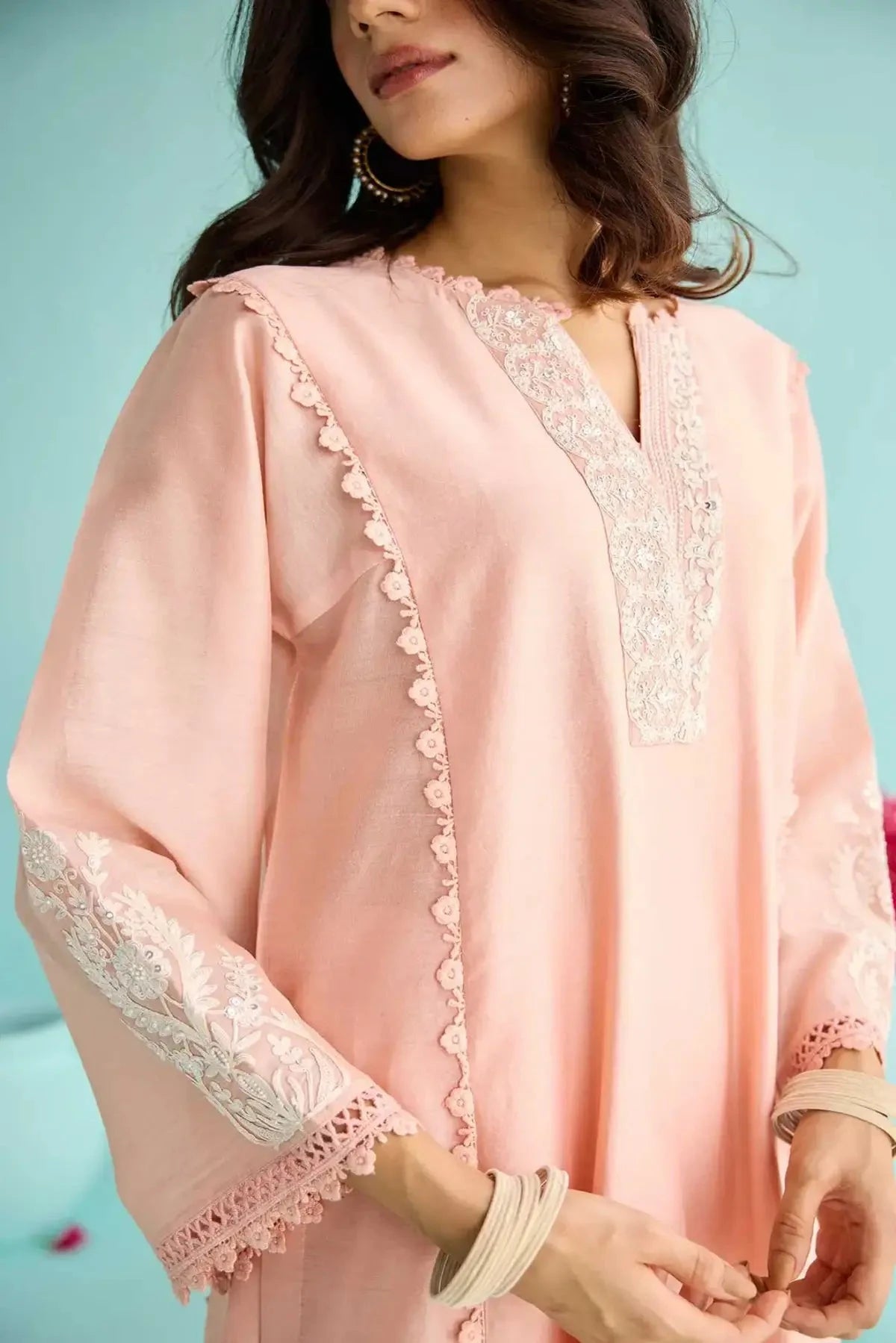 Dusky Peach Chanderi Hand Embroidered Kurta With Pants And Block Printed Dupatta - Pallodstore