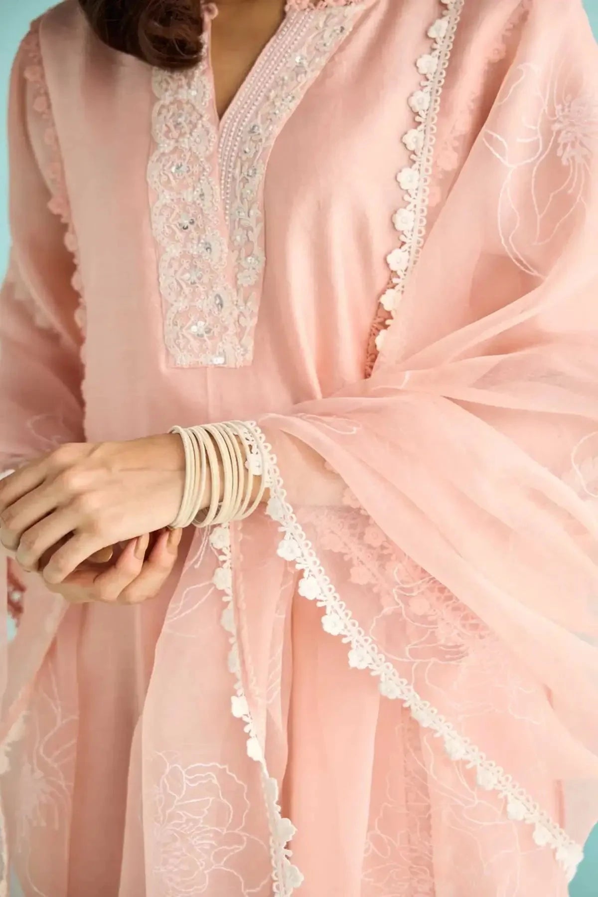 Dusky Peach Chanderi Hand Embroidered Kurta With Pants And Block Printed Dupatta - Pallodstore