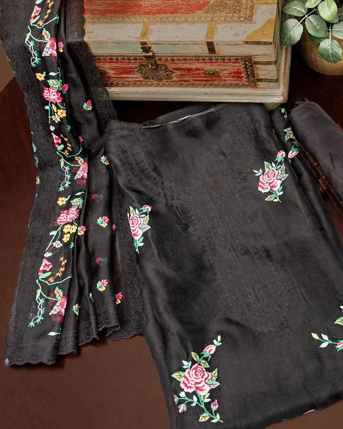 Embroidered Black Organza Dress Material - Pallodstore