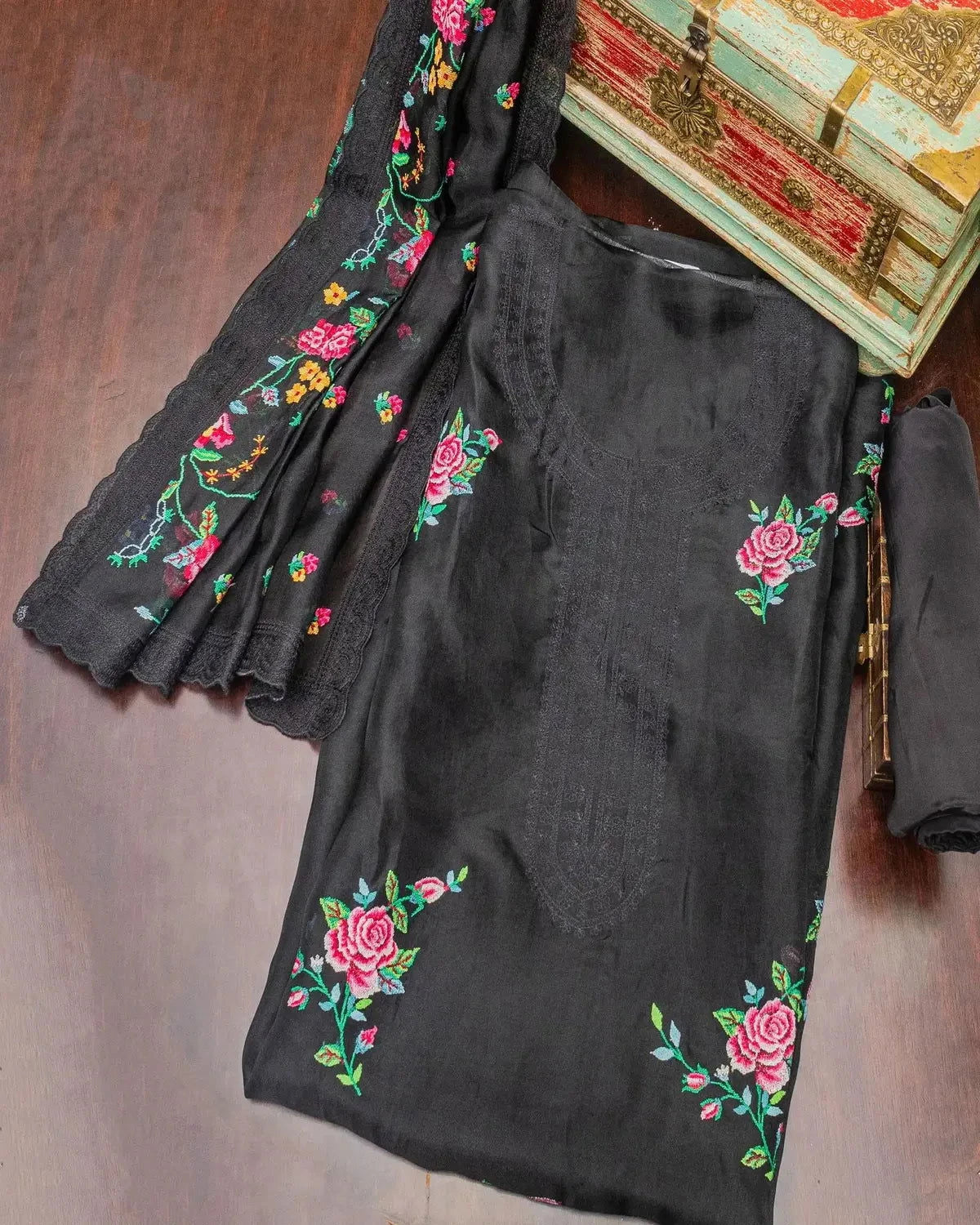 Embroidered Black Organza Dress Material - Pallodstore