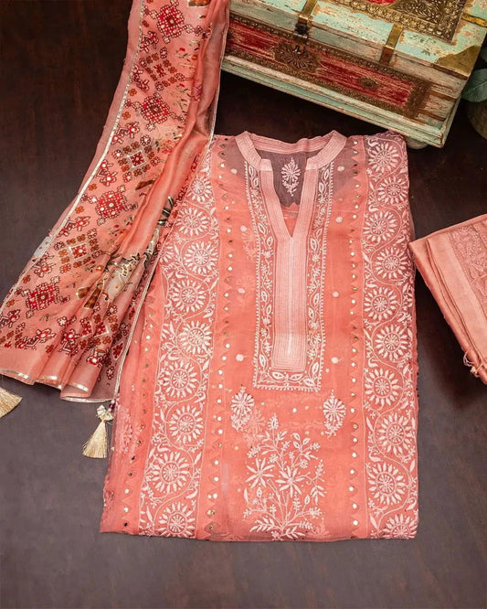 Embroidered Coral Pink Organza Dress Material - Pallodstore