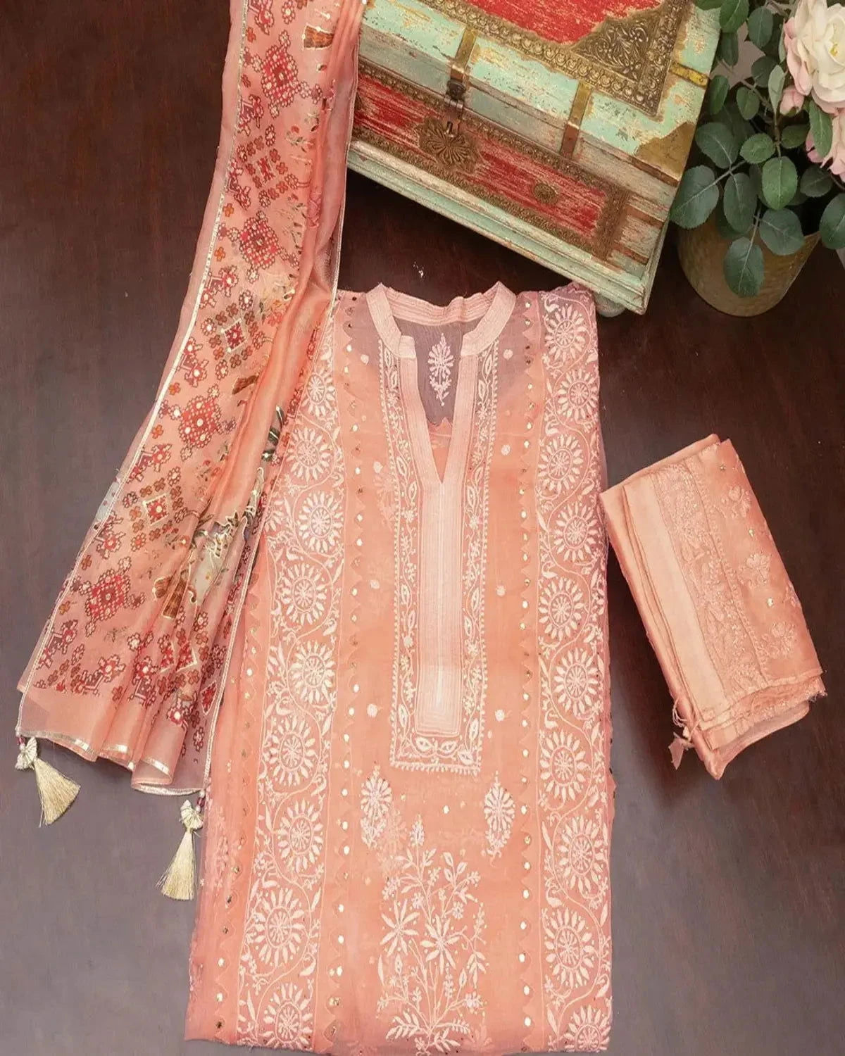 Embroidered Coral Pink Organza Dress Material - Pallodstore