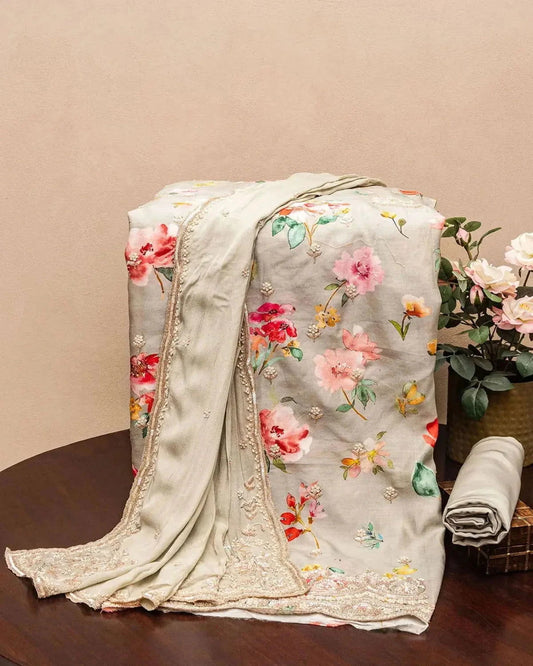 Embroidered Grey Chanderi Silk Dress Material - Pallodstore