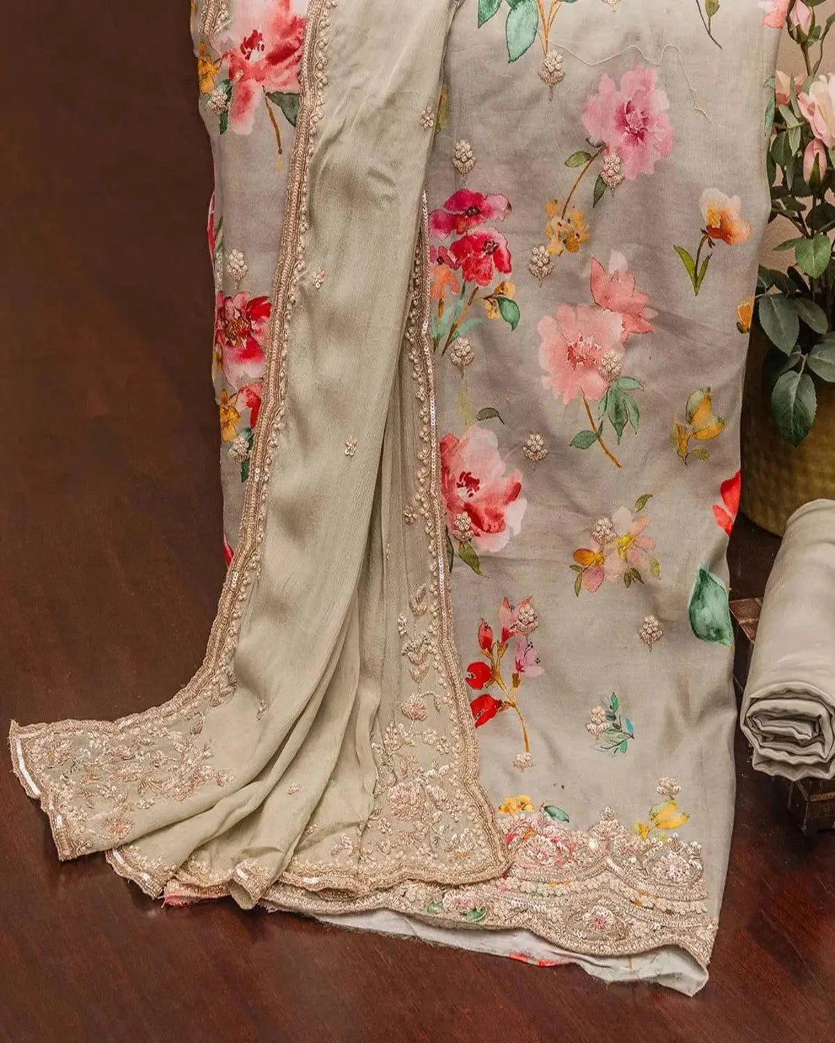 Embroidered Grey Chanderi Silk Dress Material - Pallodstore
