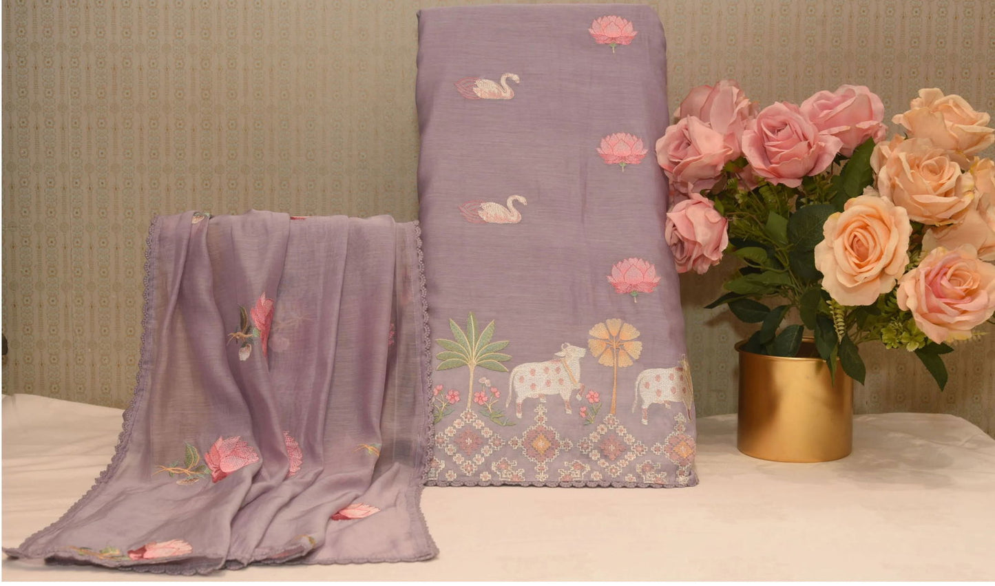 Embroidered Lilac Silk Dress Material - Pallodstore