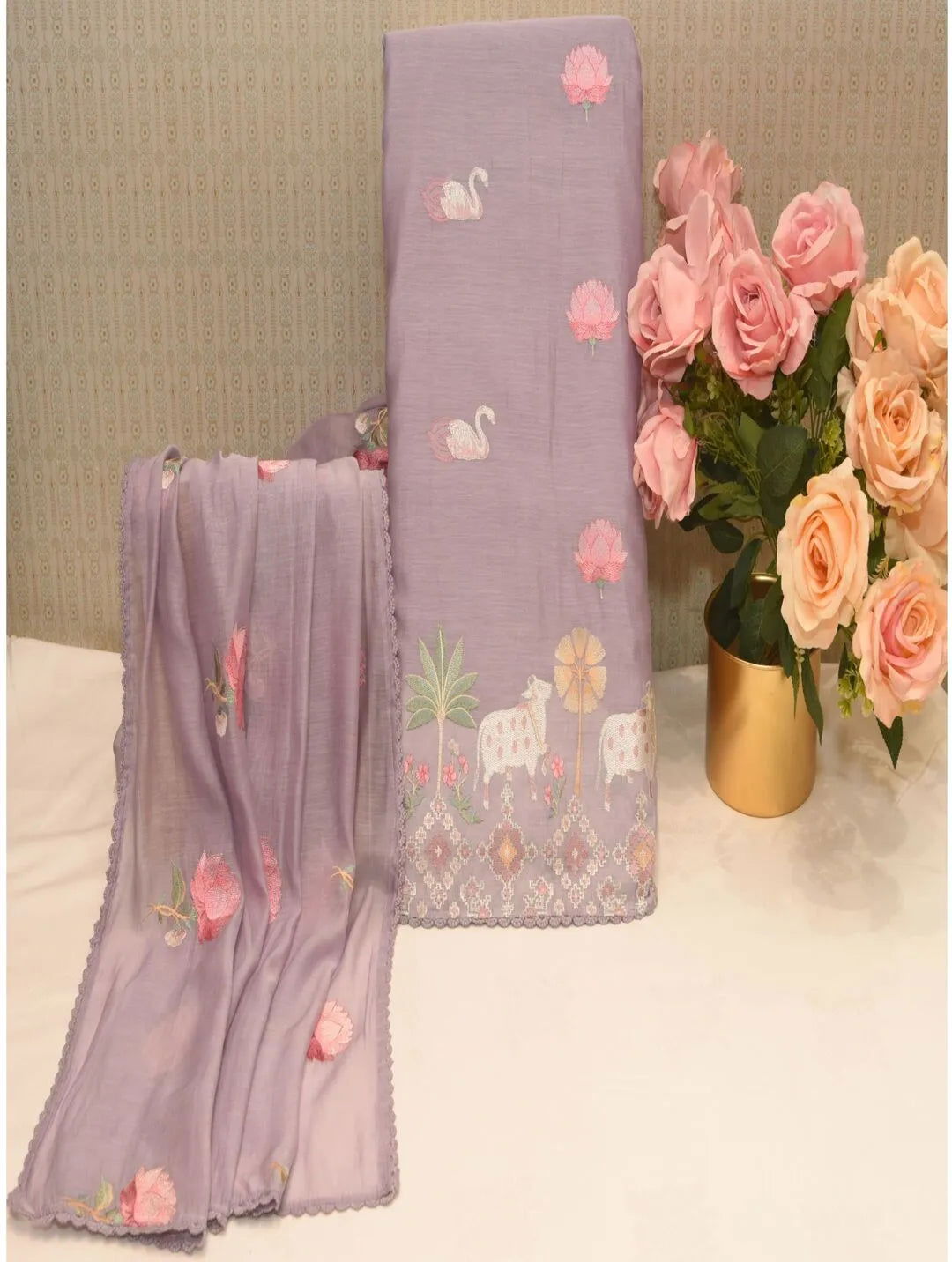 Embroidered Lilac Silk Dress Material - Pallodstore
