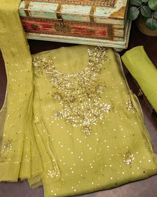 Embroidered Moss Green Organza Dress Material - Pallodstore
