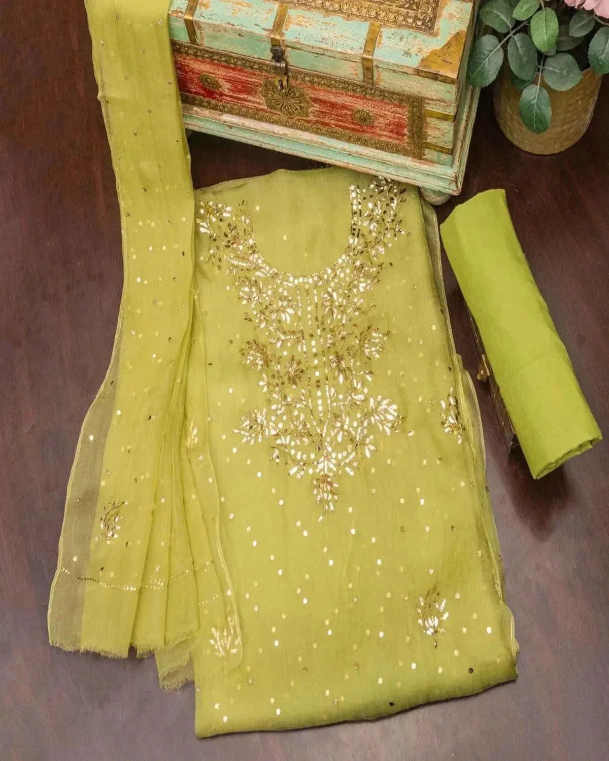 Embroidered Moss Green Organza Dress Material - Pallodstore