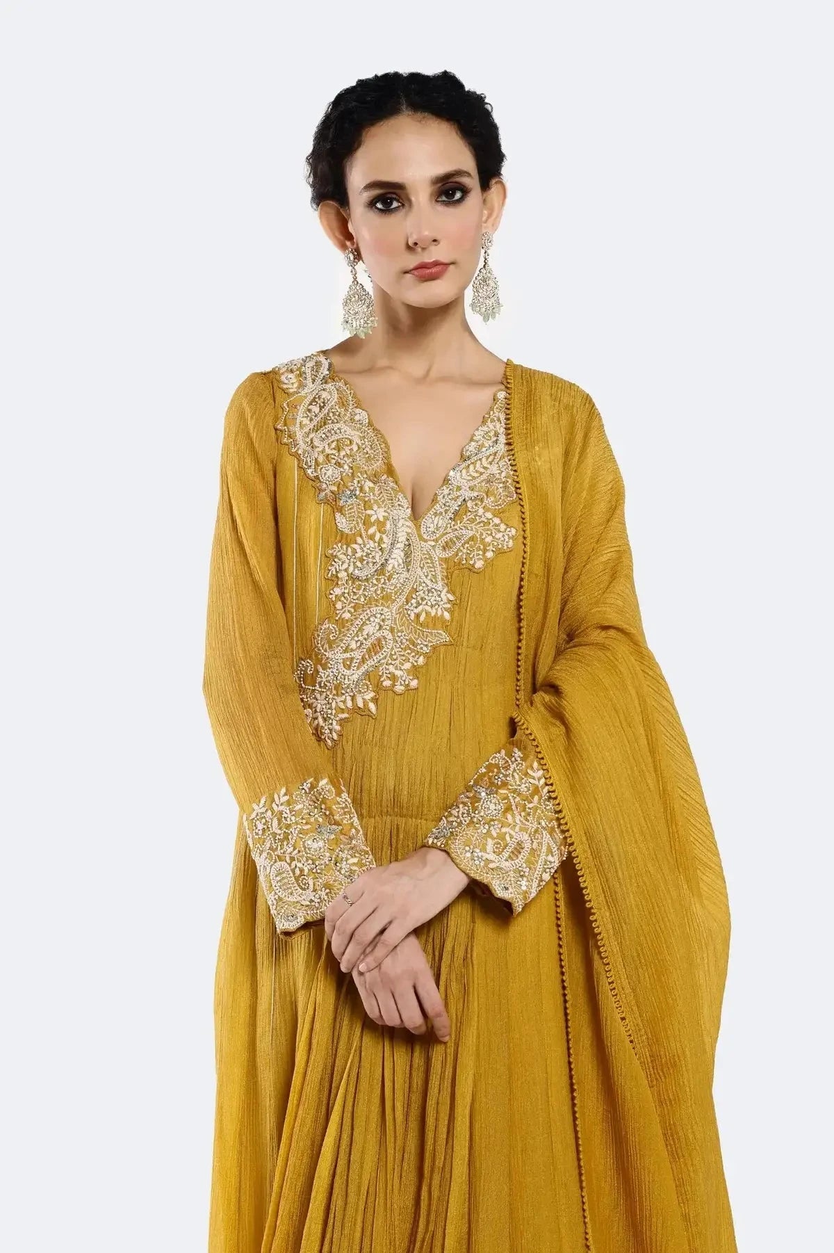 Embroidered Mustard Anarkali Suit Set - Pallodstore
